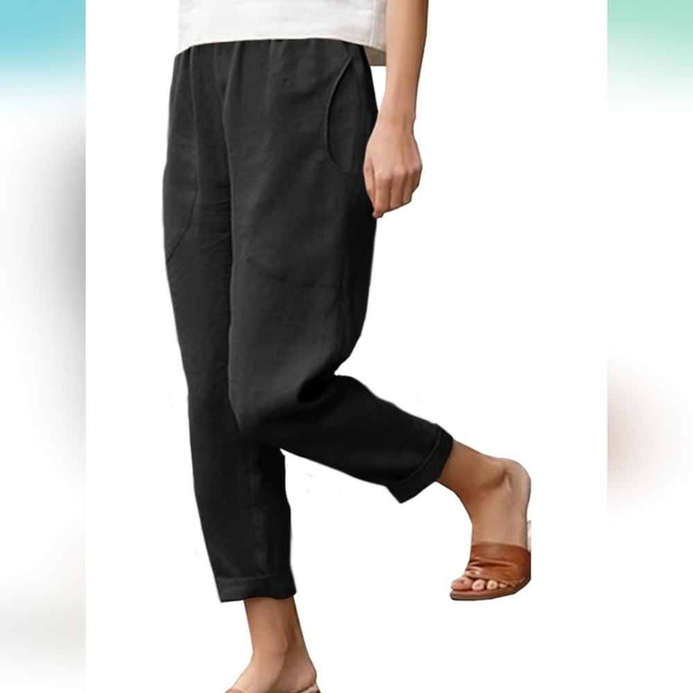 Langwyqu Black Cotton Tapered Capri Pants Loose Elastic Waist Ankle Pants
